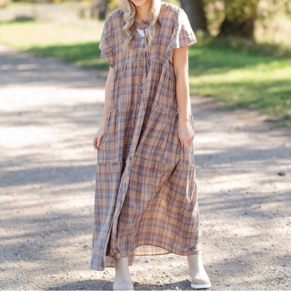 VGUC Dress Forum Los Angeles Plaid Tiered Shift Maxi Dress, Multi Season, Sz S
